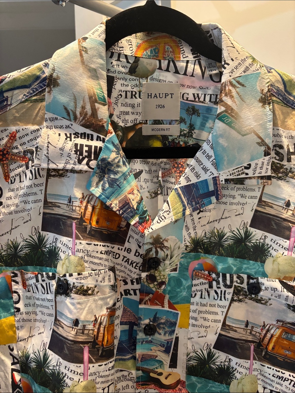 Stri Haupt 1926 Modern Fit Tropical Newsprint Button-Up Shirt - Blue/White, Med